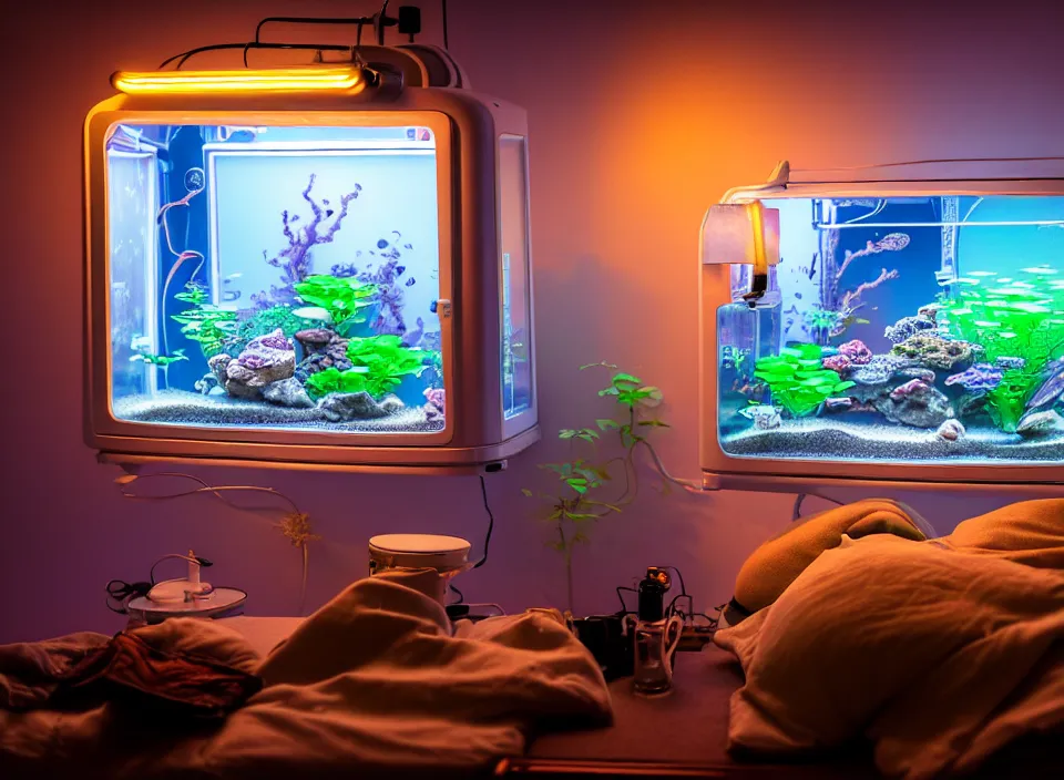 Image similar to telephoto 7 0 mm f / 2. 8 iso 2 0 0 photograph depicting the feeling of chrysalism in a cosy cluttered french sci - fi ( art nouveau ) cyberpunk apartment in a pastel dreamstate art cinema style. ( aquarium, computer screens, window ( city ), leds, lamp, ( ( ( aquarium bed ) ) ) ), ambient light.