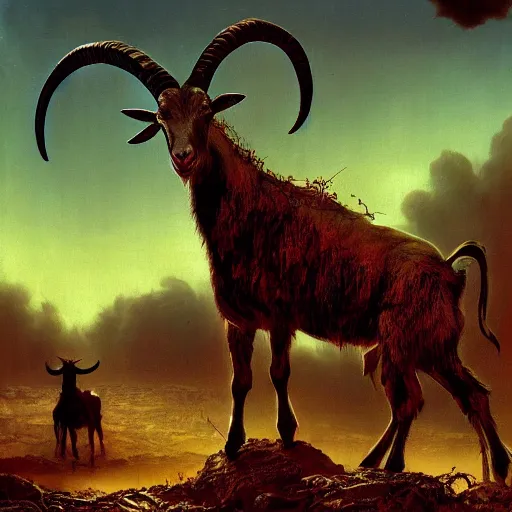 Image similar to goat in the painted world of resident evil and bruce pennington, head and shoulders masterpiece, apocalypse, golden hour, cosmic horror, artstation, in the style of goya and bosch, extremely detailed