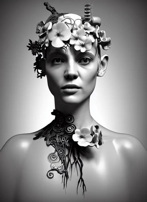 Image similar to monochrome 3 d model, biomechanical young female cyborg with porcelain profile face and a big floral eye, volumetric light, big leaves foliage and stems, hibiscus flowers, boho floral vines, sinuous fine roots, fine foliage lace, alexander mcqueen, rim light, art nouveau fashion pearl embroidered collar, steampunk, redshift render, 8 k