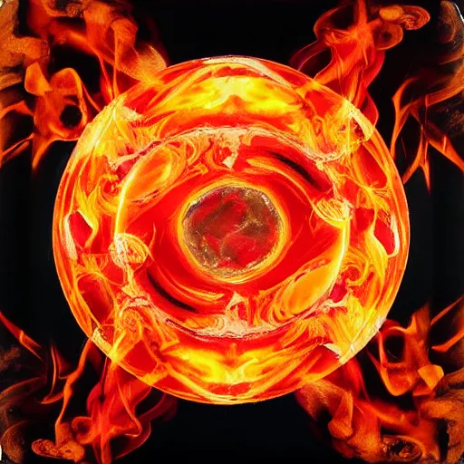 Image similar to soap bubble covered in fire flames, centered, symmetrica, oil paintingl