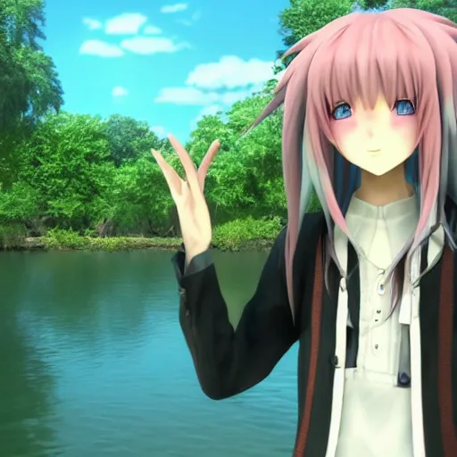 Image similar to a long white haired anime character holding out his hand in front of a body of water, a screenshot by michelangelo, deviantart contest winner, vanitas, official art, unreal engine 5, unreal engine. tetsuya nomura. ray tracing hdr. 8 k. uhd. sharp focus. highly detailed. masterpiece. anime render. cinematic lighting. lifelike.