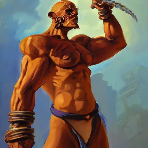 Image similar to greg manchess portrait painting of partially armored dhalsim from street fighter spitting fire as overwatch character, medium shot, asymmetrical, profile picture, organic painting, sunny day, matte painting, bold shapes, hard edges, street art, trending on artstation, by huang guangjian and gil elvgren and gerald brom