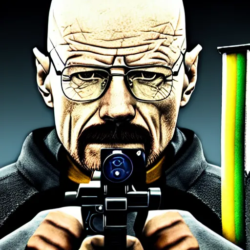 Image similar to walter white holding a macchine gun as a rainbow six siege operator, 4 k, highly detailed