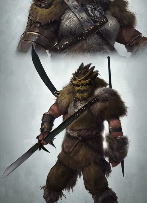 Image similar to strong young man, photorealistic bugbear ranger holding aflaming sword, black beard, dungeons and dragons, pathfinder, roleplaying game art, hunters gear, jeweled ornate leather and steel armour, concept art, character design on white background, by studio ghibli, makoto shinkai, kim jung giu, poster art, game art