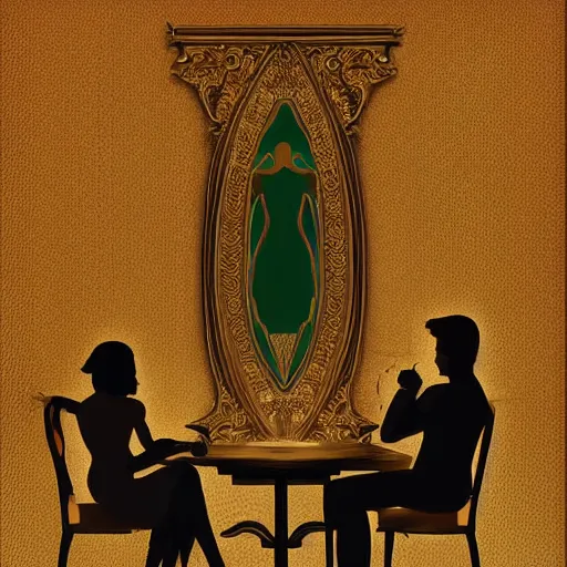 Image similar to ornate by ross tran silhouette, emerald. a digital art of two people, a man & a woman, sitting at a table. the man is looking at the woman with interest. the woman is not interested in him. there is a lamp on the table between them.