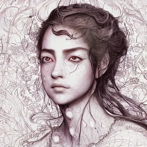 Image similar to the portrait of an absurdly beautiful, graceful, elegant, chaste, young woman made of strawberries and white petals looking up, an ultrafine detailed illustration by kim jung gi, irakli nadar, intricate linework, bright colors, octopath traveler, final fantasy, angular, unreal engine 5 highly rendered, global illumination, radiant light, detailed and intricate environment