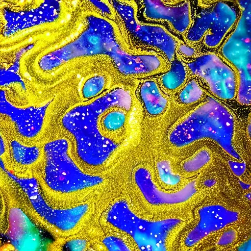Image similar to a wet swirling mixture of gold paint and very colorful colored pigment particles glitter suspended in a turbulent liquid, captured in slow motion, crystal clear focus, macro photography lens closeup, slow-motion pour, dumpedpaint glittery, shimmering, speculars