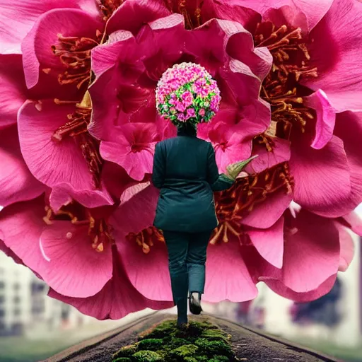 Image similar to giant rhododendron flower head, woman walking through city, surreal photography, cinema, realistic, symmetry, detailed, retro, wes anderson