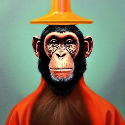 Image similar to An exquisite oil painting of a chimpanzee dressed like Prince Philip with a traffic cone on his head