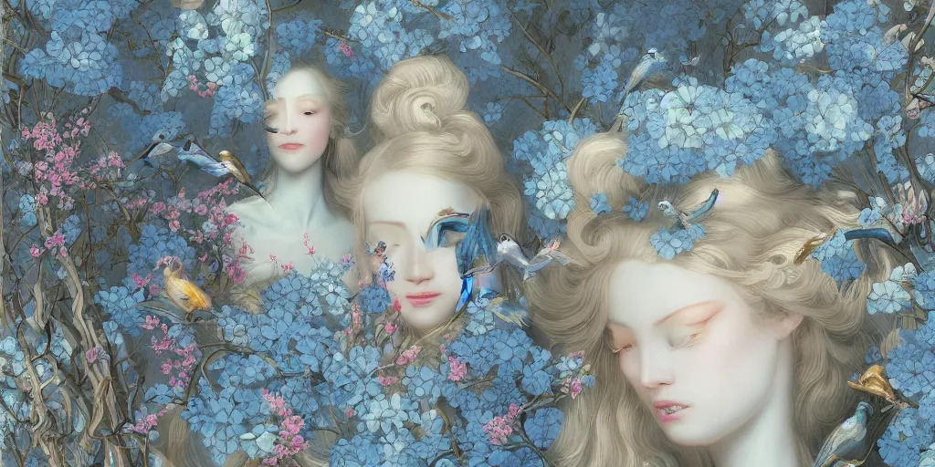 Image similar to breathtaking detailed concept art painting art deco pattern of blonde faces goddesses amalmation light - blue flowers with anxious piercing eyes and blend of flowers and birds, by hsiao - ron cheng and john james audubon, bizarre compositions, exquisite detail, extremely moody lighting, 8 k