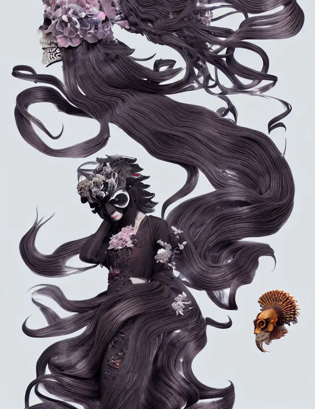 Image similar to 3 d goddess half - turn portrait with long hair with ram skull. beautiful intricately detailed japanese crow kitsune mask and clasical japanese kimono. betta fish, jellyfish phoenix, bio luminescent, plasma, ice, water, wind, creature, artwork by tooth wu and wlop and beeple and greg rutkowski