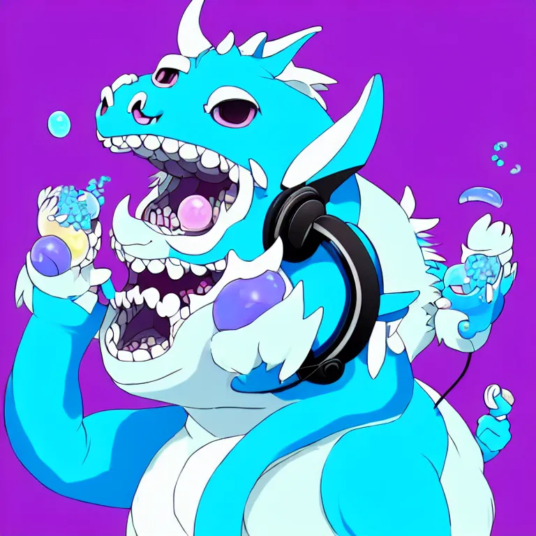 Image similar to a chubby anthropomorphic male blue dragon fursona chewing blue bubble gum, headphones on his head, cute, furry, beautiful, soft colors, oil on canvas, soft lighting