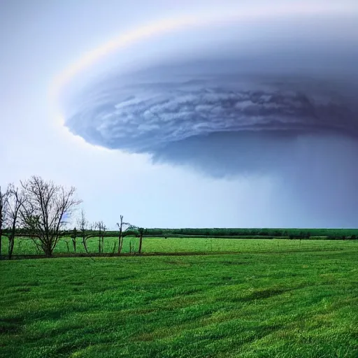 Prompt: beautiful landscape with a large tornado in the background