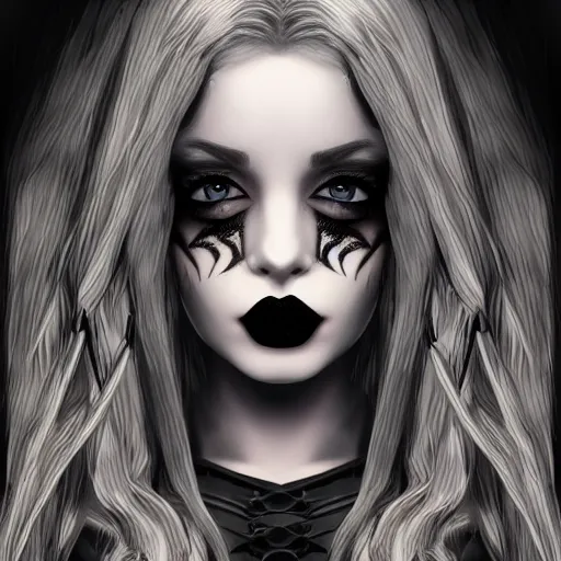 Image similar to a gothic female, wearing black lipstick and a black skirt, full body, highly detailed digital art, intricate drawing, extremely detailed face, beautiful face, beautiful aesthetic face, 8 k resolution, realistic fantasy