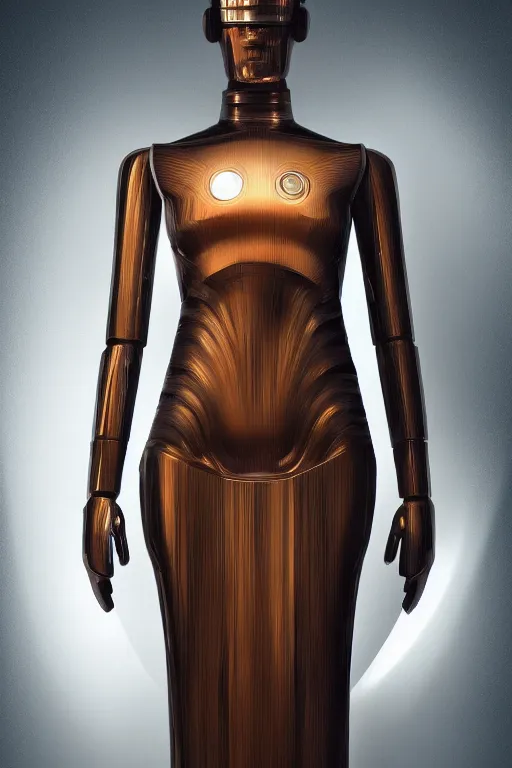 Image similar to full figure portrait of a female android made of chrome and woodgrain by duchamp, lean sleek styling, feminine curves, reflective, inscribed etched with gnostic runes, by jessica rossier