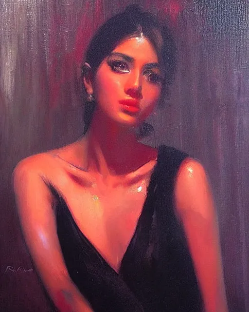 Image similar to beautiful portrait painting an gorgeous delhi girl wearing a little black dress at a nightclub, red lighting, oil painting, art by ruan jia