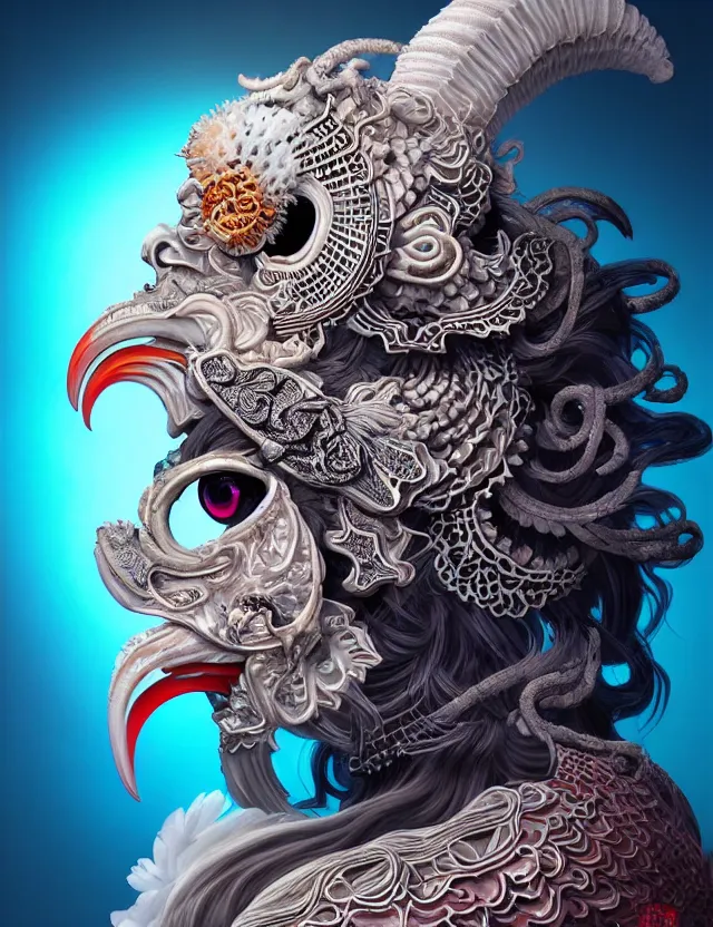 Image similar to 3 d goddess close - up profile portrait ram skull. beautiful intricately detailed japanese crow kitsune mask and clasical japanese kimono. betta fish, jellyfish phoenix, bio luminescent, plasma, ice, water, wind, creature, artwork by tooth wu and wlop and beeple and greg rutkowski