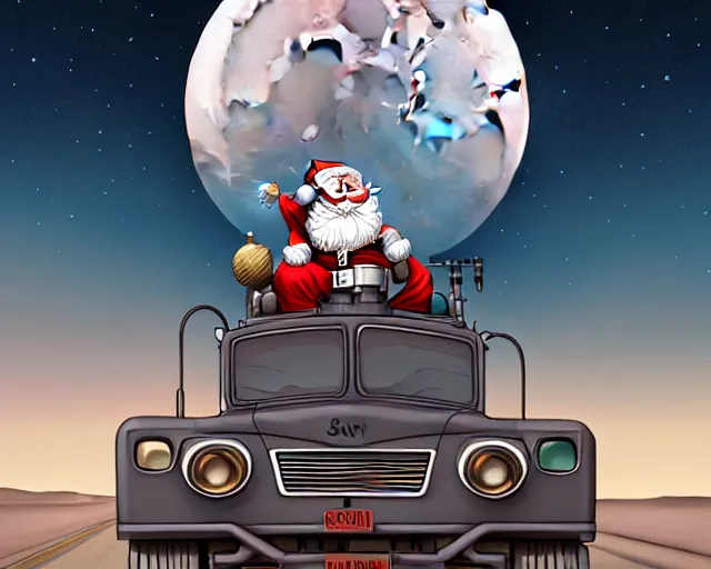 Prompt: a cell shaded cartoon grey mechanized santa, with a big head, on a desert road, wide shot, in front of a big moon, muted colors, post grunge, josan gonzales, wlop, by james jean, victor ngai, hq, deviantart, art by artgem