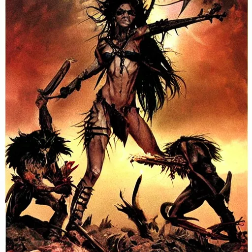 Prompt: Savage battlescarred warrior girl, cavewoman, wild spiky black electrified hair, pelt, torn clothing, savage cloak, scars of battle, bloody, electrical aura, scimitar, primeval fantasy, prehistoric fantasy, orcs, goblins attacking, 1980s pulp fantasy, art by Frank Frazetta and Boris Vallejo