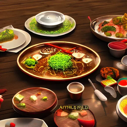 Image similar to what's for dinner? taiwanese setting. unreal 5, daz, hyperrealistic, octane render cinematic volume inner glowing aura global illumination ray tracing hdr