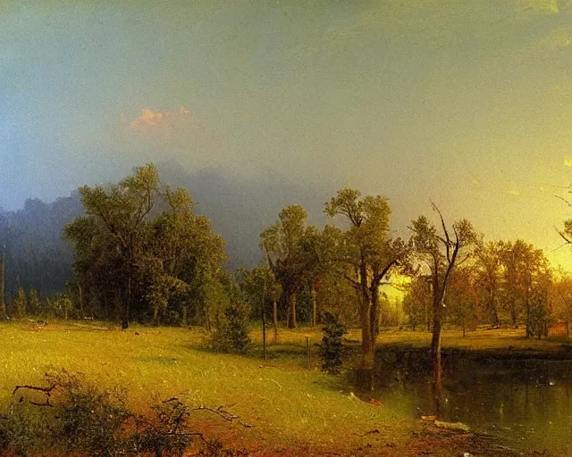 Prompt: landscape painting by Vsevolod Ivanov and Albert Bierstadt