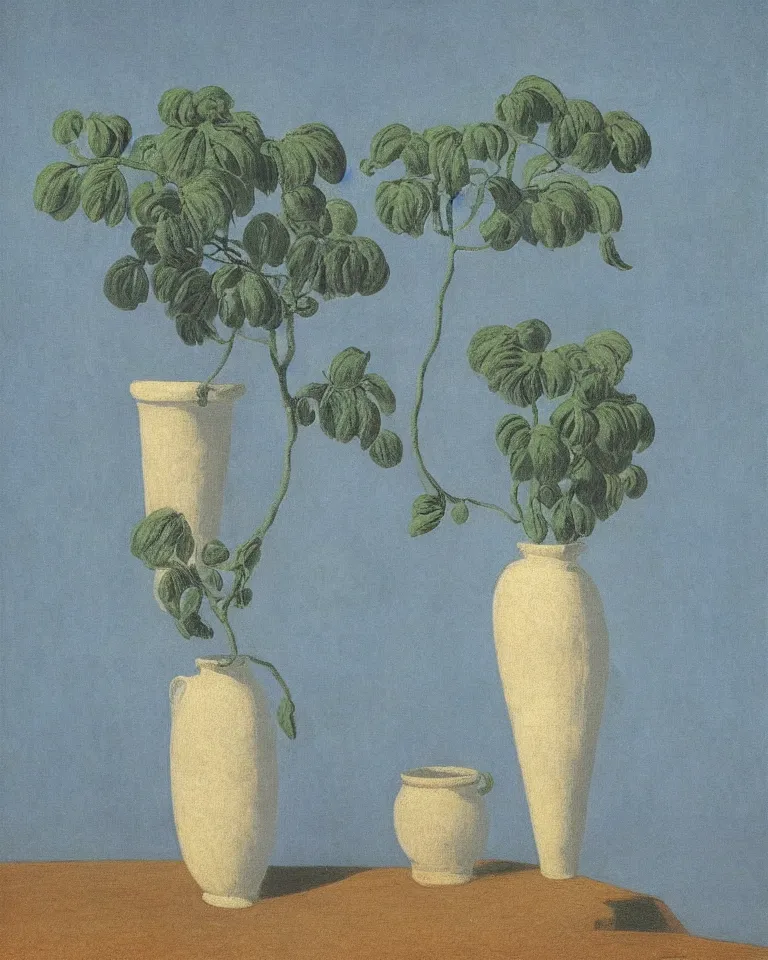 Prompt: achingly beautiful print of one painted ancient greek vase on baby blue background by rene magritte, monet, and turner. symmetrical, shadows.