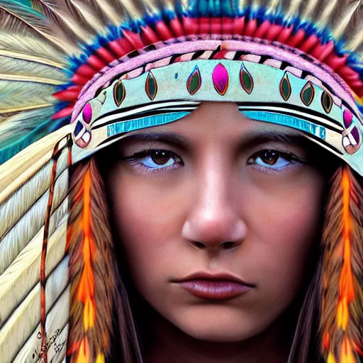 Prompt: portrait of native american girl with head dress in the style of WLOP, digital art, close-up, insanly detailed