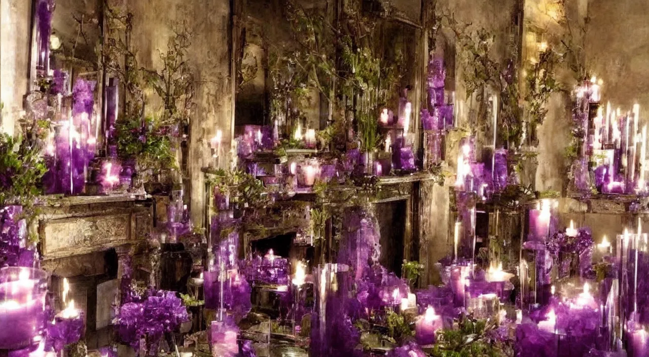 Prompt: cozy old room filled with burning purple and green crystal candles, atmospheric, hyperdetailed