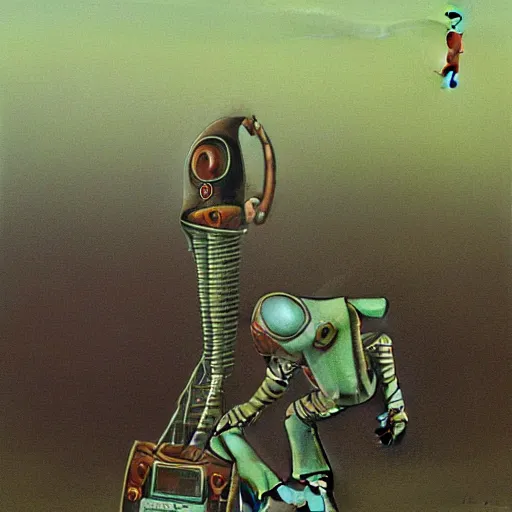 Prompt: Zdzisław Beksiński painting of a friendly robot