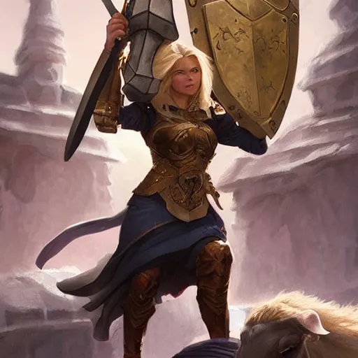 Image similar to a blonde paladin woman holding her shield up fighting a giant goat on the streets of a fantasy town, d & d, fantasy, highly detailed, digital painting, artstation, concept art, character art, art by greg rutkowski and tyler jacobson and alphonse mucha