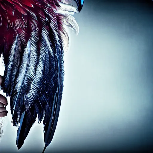 Image similar to eagle with ironed feather wings, cyberpunk, 4 k, bouquet cinema effect,