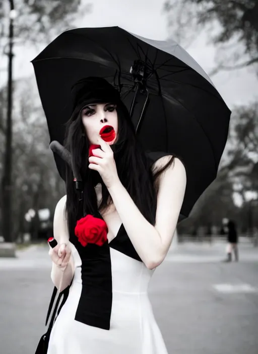Image similar to a beautiful white pale skin girl, full body, black dress, vibrent red lipstick, a black hat, black umbrella