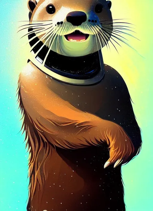 Image similar to a portrait of a cute otter with a space helmet, swimming through a beautiful galaxy!!!, detailed, artstation, art by rhads and miyazaki