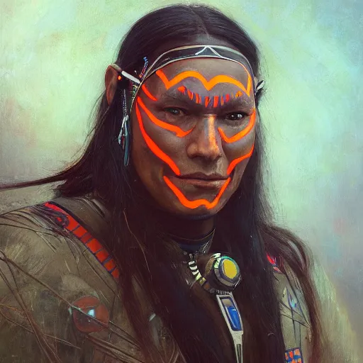 Prompt: a beautiful portrait of a native american elder with futuristic cybernetic glowing war face paint, dynamic pose, sci - fi, cyberpunk by ruan jia, jules bastien - lepage, trending on artstation, award winning, 8 k