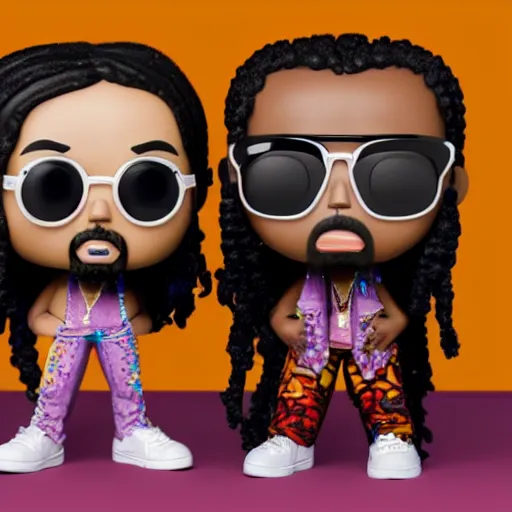 Image similar to funko pop of rap trio migos, product shot, macro, hyper realistic, octane render, unreal engine, 4 k, 8 k