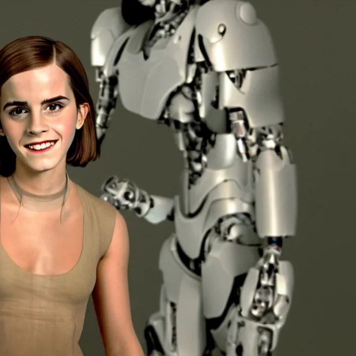 Image similar to Joyful! smiling Emma Watson wearing cyborg prosthetic, from The emperor's new groove (2000). Clear body. Light Clothes. Cinematic. Professional Photo. Low angle. 8k. Clear Face.