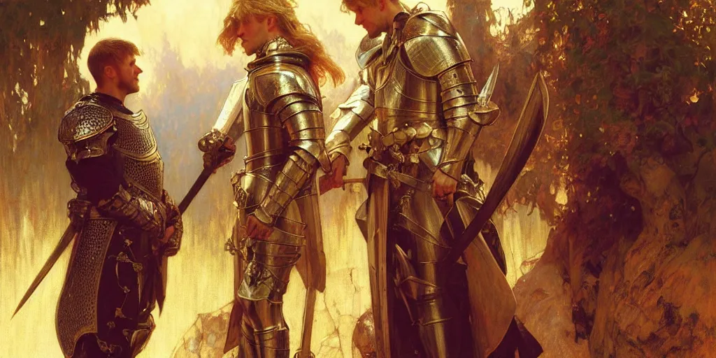 Image similar to attractive arthur pendragon and his favourite attractive male knight, they are in love, camelot, natural lighting, path traced, highly detailed, high quality, digital painting, by gaston bussiere, craig mullins, alphonse mucha j. c. leyendecker