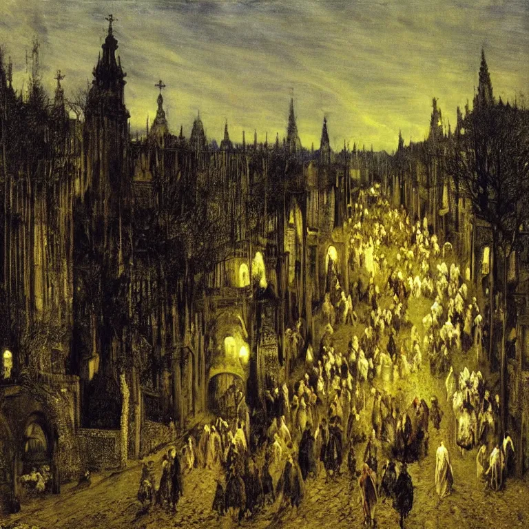 Prompt: A Holy Week procession of souls in a Spanish landscape at night. A figure at the front holds a cross. El Greco, John Atkinson Grimshaw. Blue tint.