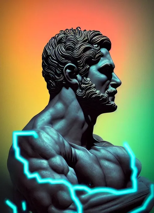 Image similar to statue of hercules, heroic, beeple, android jones, dan mumford, vaporwave, retrowave, black background, neon wiring, black, glitch, strong contrast, cuts, pinterest, trending on artstation