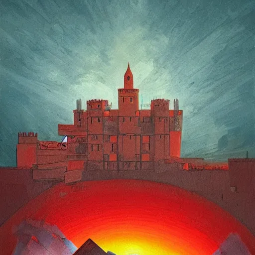 Image similar to a painting of a dreadful red sun over a castle with a waterfall in front of it. digital painting, vertical, intricate, beautiful, detailed, grunge, sharp focus, abstract art by el lissitzky and artgerm and kandinsky, trending on artstation. gradient darker to bottom