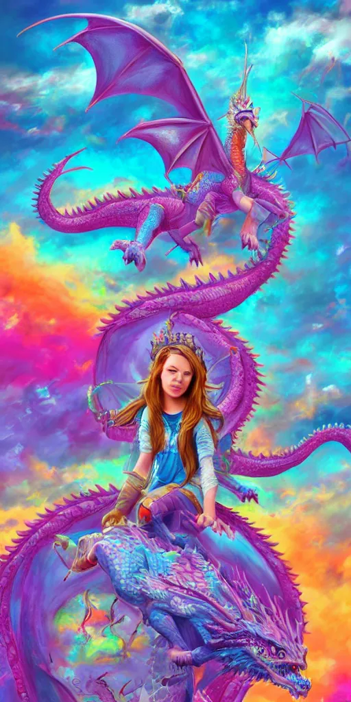 Prompt: teenage girl riding a dragon, digital art, highly detailed, smooth, lisa frank, realistic, bright