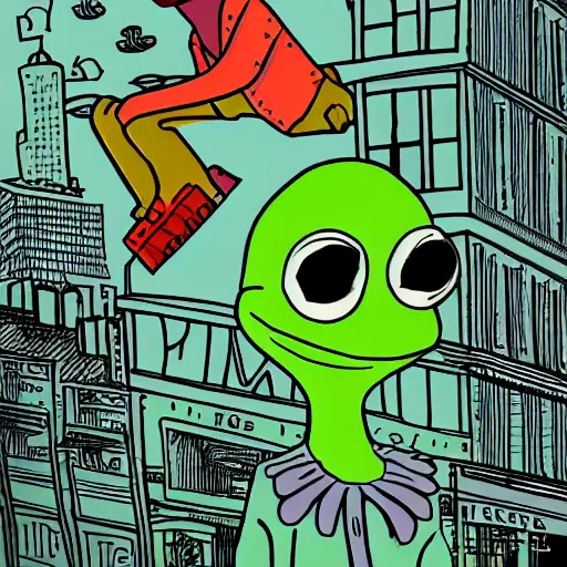Image similar to pepe the frog in the city, illustration by matt furie