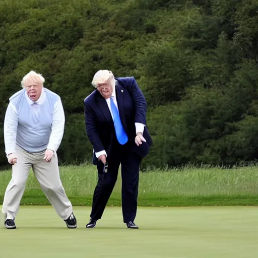 Prompt: boris johnson and donald trump golfing on a grass field, laughing, award winning masterpiece, beautiful