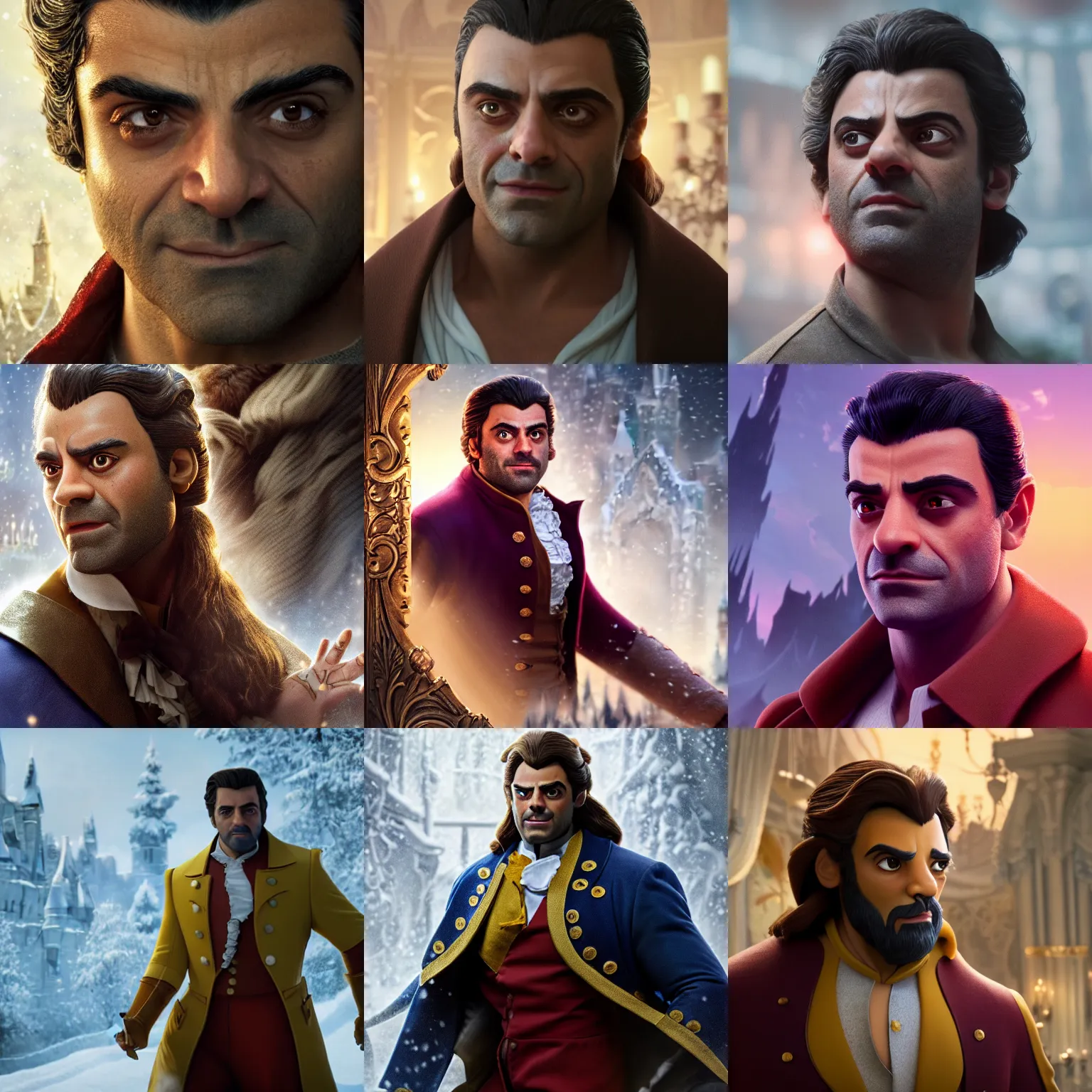 Prompt: Oscar Isaac in Beauty and the Beast animated Movie, High quality illustration, trending on artstation, octane render, 4k, Pixar rendering,