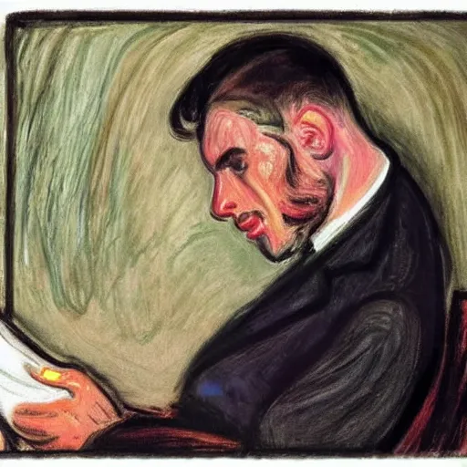 Image similar to a man pulls out his hair while reading a magazine, in the style of screaming, author edvard munch