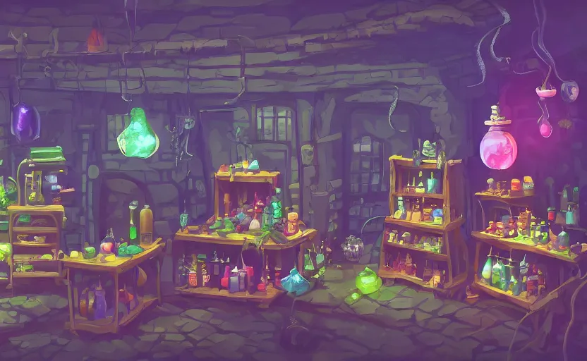 Image similar to interior of a witch's shop, bottles of potions, a large cauldron with bubbles, lush vegetation, a counter with a cash register, artstation, concept art by peter chan, colorful lighting, pixel art