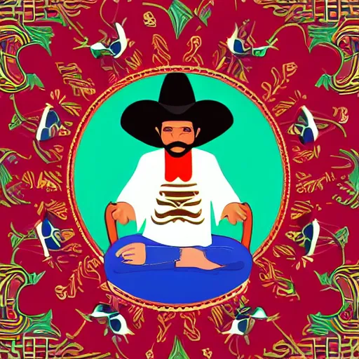 Image similar to mustachioed mexican vaquero seated in the lotus position, sombrero, persian folktale artstyle