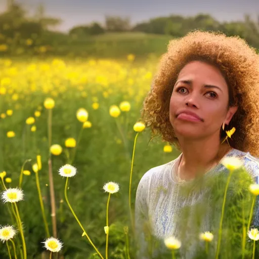Image similar to a portrait of a beautiful 3 5 year old racially ambiguous woman, german, mexican, curly blond hair, standing in a field of soft focus dandelion flowers on a lovely spring day