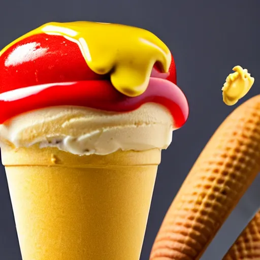 Image similar to promotional photo of an ice cream with hot dog taste, mustard, ketchup, relish,