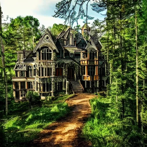 Prompt: a 3 story hunted mansion on a giant hill, winding path, forest.